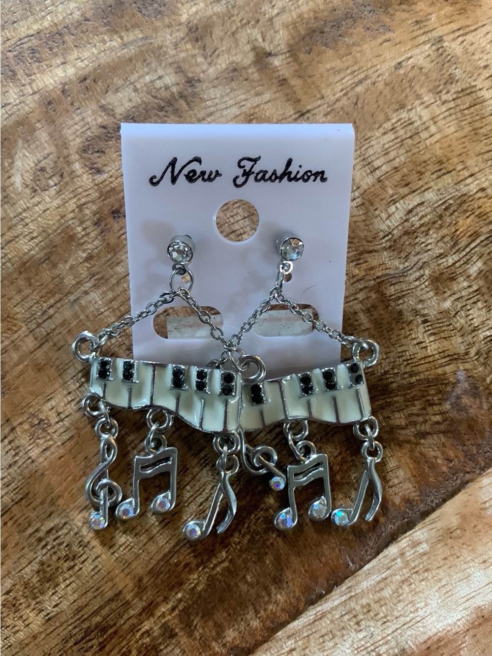 Silver Tone White Piano Key & Musical Note Dangle Earrings